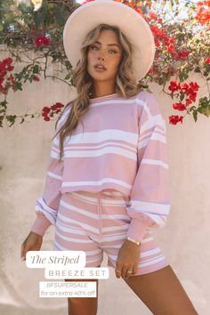 Light brights for winter! White and lilac stripe matching sweater set only $42 with code BFSUPERSALE Comfy Sets, Matching Sweaters, Urban Street Style, Summer Stripes, Sweater Material, Pink Summer, Sweater Set, Beach Wears, Drawstring Shorts