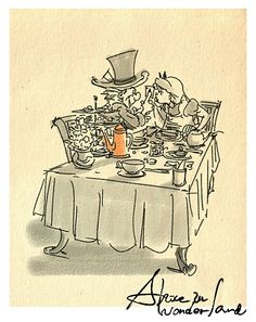 a drawing of people sitting at a table with plates and cups on it, while the man is wearing a top hat