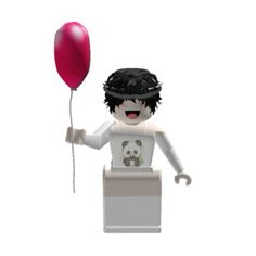 a lego man holding a red balloon and wearing a white shirt with panda bear on it