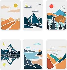 four different cards with mountains and trees on them