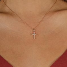 14k Solid Gold Diamond Cross Necklace - Diamond Cross Necklace - Christian Faith Necklace - Protection Necklace - Religious Jewelry - Baptism Gift for Her Elevate your faith with this exquisite cross necklace featuring a diamond cross. The cross pendant is crafted in 14k gold necklace with a diamond gemstone. Perfect as a religious necklace or christian gift, this christian necklace symbolizes devotion. The faith necklace is adorned with diamond jewelry details, making it a dainty cross ideal fo Spiritual Rose Gold Cross Necklace, Rose Gold Cross Pendant Necklace In Fine Jewelry Style, Rose Gold Cross Pendant Necklace, Rose Gold Crucifix Necklace As Gift, Rose Gold Crucifix Necklaces For Anniversary, Rose Gold Crucifix Necklaces For Anniversaries, Rose Gold Cross Necklace In Fine Jewelry Style, Rose Gold Cross Necklace Fine Jewelry, Fine Jewelry Rose Gold Cross Necklace