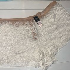 Victorias Secret Crochet Tan Nude/Ivory Rare Shorties Small Can Fit Medium Lingerie Gorgeous New With Tags Beige Lace Bottoms With Delicate Details, Feminine Cream Lace, Cream Lace Trim Briefs, Feminine Lace Cream Bottoms, Feminine Cream Lace Bottoms, Cream Lace Wedding Bottoms, Women's Intimates, Lingerie, Crochet