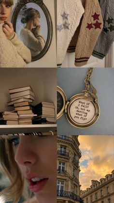 a collage of photos with books and sweaters on them, including a woman talking on her cell phone