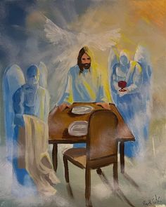 an oil painting of jesus sitting at a table