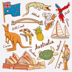 australia symbols and landmarks on a white background