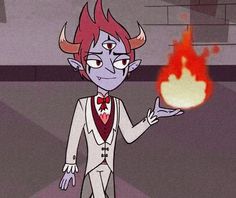 a cartoon character with red hair and horns holding a ball of fire in his hand