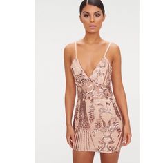 This Is Dress Is Absolutely Beautiful! New Never Worn! Rose Gold Strappy Panel Sequin Bodycon Dress Uk:6 Us:2 Small Special Event Outfit, Sequined Dress, Sequin Bodycon Dress, Gold Cocktail, Neck Bodycon Dress, Dresses Pink, Dress Gold, Pink Prom Dresses, Bodycon Dresses