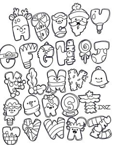 the alphabet is drawn in black and white, with many different shapes to choose from