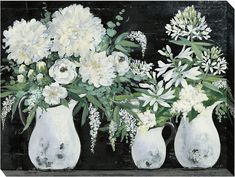 three white vases with flowers in them on a black background, one is empty