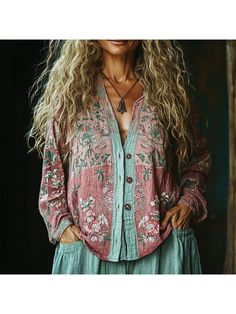 Elegant Tops, Women's Vintage Linen Flower Printed Shirt Relaxed Fit Long Sleeve Tops With Floral Print, Relaxed Fit Floral Print Long Sleeve Tops, Floral Print Long Sleeve Top With Relaxed Fit, V-neck Floral Print Relaxed Fit Shirt, Cotton V-neck Shirt With Floral Print, Bohemian Printed Button-up Top, Spring Floral Print Button-up Top, Bohemian Long Sleeve Spring Shirt, Bohemian Long Sleeve Shirt For Spring