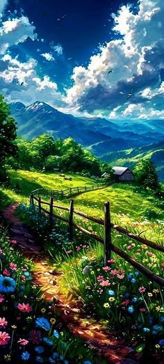 a painting of a country road with flowers and mountains in the background