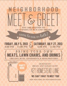 an orange and white poster with the words neighborhood meet and greet