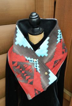 "Aztec Design Fleece Neck wrap, Fleece Cowl, Western Cowl, Western Style Neck wrap Ready to Ship Aztec Fleece on the outside with a soft Black Fleece on the inside Size for adults  Measures 8\" Wide x 40\" around the circumference  Soft washable fleece" Mens Western Neck Scarf, Western Scarf Cowgirl, Pendleton Neck Warmer, Aztec Fleece Pullover, Western Scarf, Western Style, Aztec Designs, Black Fleece, Neck Wrap