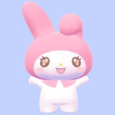 a cute little pink bunny with big eyes and brown ears, standing in front of a blue background