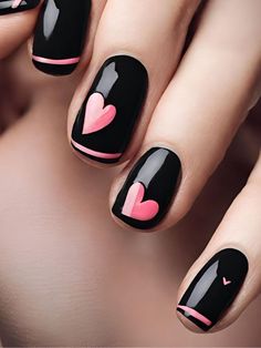 Nail Designs For Shorter Nails, Black With Hearts Nails, Nail Art With Black Polish, White And Black Valentine Nails, Nail Ideas Short Valentines Day, Black Heart On Nails, Black Red Pink Nails, Black Nail Designs Valentines Day, Black And Hot Pink Valentines Nails