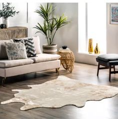 a living room filled with lots of furniture next to a large window and potted plant