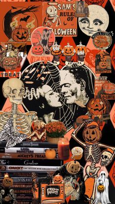 halloween collage with pumpkins, skulls and skeletons on black background by artist marinara