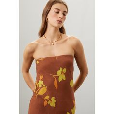 Brown floral (100% Linen). Cocktail dress. Sleeveless. Strapless. Back zipper closure. 45.5" from bust to hemline. Imported. Simple Sandals, Rent The Runway, Closet Designs, Summer Ready, Brown Floral, Dress Sleeveless, Floral Print Dress, Print Dress, Cocktail Dress