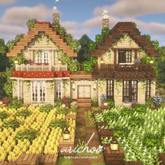 a large house surrounded by lots of plants and flowers