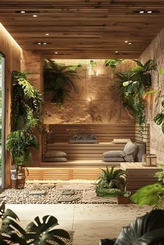 a living room filled with lots of plants next to a stone wall covered in greenery