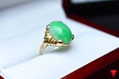 "Category Type: Rare Fine Jewelry Metal Purity:14K Yellow Gold Ring Size US: 4 3/4 Center Stone: Highest Quality Grade \"AAA\" Untreated Jadeite Jade Stone Creation: Grade \"A\" Finest Untreated Imperial Quality Jadeite Jade Additional Stones: Natural Diamond Accent Jadeite Stone Size: 6 Carat - 15mm x 12mm Ring Total Weight: 4.7 grams Condition: Preowned / Like New" Heirloom Green Opal Round Ring, Fine Jewelry Green Opal Ring For Formal Occasions, Formal Green Opal Ring In 14k Gold, Green Opal Ring For Formal Occasions, Classic Green Opal Ring For Formal Occasions, Heirloom Green Opal Ring, Classic Green Opal Wedding Ring, Formal Green Hallmarked Opal Ring, Classic Green Opal Ring In 14k Gold