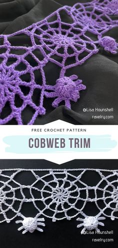 the crochet trim is shown in three different colors and sizes, including purple