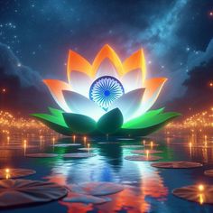 a large flower sitting on top of a lake surrounded by water lilies with lights in the background