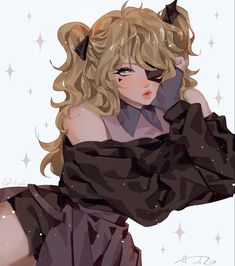 a drawing of a woman with blonde hair and cat ears, wearing a black dress