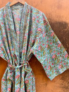 Block Print Cotton Kimono Robes for Women Indian Dressing Gown - Etsy Patterned Dresses With Floral Print And Kimono Sleeves, Patterned Dress With Floral Print And Kimono Sleeves, Blue Summer Kimono For Home, Summer Blue Kimono For Home, Summer Floral Print Robe, Green Floral Print Summer Robe, Spring Dresses With Kimono Sleeves For Home, Blue Floral Print Robe For Home, Printed Summer Robe For Home