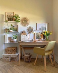 a desk with a chair and some pictures on the wall next to it in front of a window