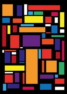 an abstract painting with squares and rectangles in different colors on a black background