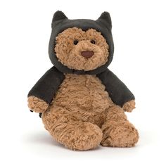 a brown teddy bear wearing a cat costume