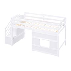 a white bunk bed with stairs and storage underneath it, on an isolated white background