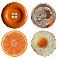 an egg, orange slice and soda can are arranged in the shape of a circle