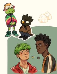 some cartoon characters with green hair and one is looking at the other guy's face