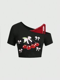 Asymmetrical Shoulder Lace Trim Cherry And Bow Print Tee, School Black Casual  Short Sleeve Cotton Fruit&Vegetable  High Stretch  Women Clothing, size features are:Bust: ,Length: ,Sleeve Length: Cute Tops Drawing, Clothes With Bows, Novelty Outfits, Fruit Outfits, Black Off Shoulder Crop Top, Clothes Shein, Printed Tee Women, Kawaii T Shirt