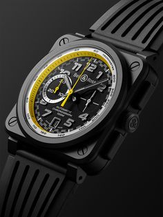 A celebration of the power and ingenuity in concept cars and Formula 1, Bell & Ross' 'BR 03-94' watch is inspired by the fifth generation of Renault Sport’s single-seater and is available in a limited 999-piece run. It has an in-house BR-CAL.301 automatic chronograph movement, a 40-hour power reserve and operates a central seconds and 30-minute counter alongside a tachymeter scale to measure distance based on speed. It's housed in a matte ceramic case with a perforated rubber strap and has a to… Luxury Yellow Chronograph Watch With Tachymeter, Modern Yellow Chronograph Watch With Tachymeter, Luxury Yellow Watch With Tachymeter, Bell And Ross, Yellow Watches, Renault Sport, Bell Ross, Matte Ceramic, Latest Watches