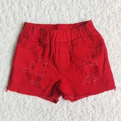 Red Denim Shorts, Red Denim Jeans, Girls Denim Shorts, Red Denim, Ripped Denim Shorts, Elastic Shorts, Kids Boutique Clothing, Girls Summer Outfits, Elastic Waist Shorts