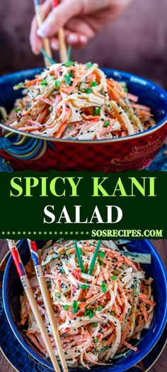 spicy kani salad in a blue bowl with chopsticks