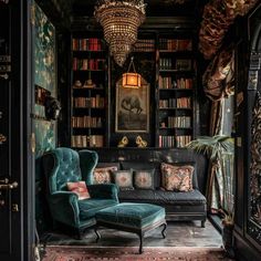 a living room filled with furniture and bookshelves covered in lots of bookcases