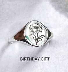 "Handmade ♡ Multiple Engraving idea Birth Flower Signet Ring OVAL SIGNET RING  Personalized Solid 925 Sterling Silver Ring  ♡ This Ring Will Be Great Gift For Your Special And Lovely Friends and family mambers,    ✓ ITEM DETAILS ♡ - Oval Birth Flower Signet ring   (personalized) - Material: High Quality Solid Sterling Silver 925. - Plating Color:  Silver, 18k Gold & Rose Gold   Colour Plating Is Nickel Free And Perfect For  You With Metal Allergies. ✓ SIZE ♡ - All 4 To 12 US Ring Sizes in Quarte Oval Midi Rings For Gifts, Oval Dainty Midi Rings For Gift, Dainty Oval Midi Rings For Gift, Delicate Flower Ring As A Gift, Personalized Silver Adjustable Flower Ring, Silver Flower Rings For Gift, Delicate Flower Ring As Gift, Silver Flower-shaped Rings For Gift, Delicate Flower-shaped Rings As Gifts