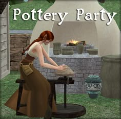 a woman is making pottery in an old fashioned setting with the words pottery party on it