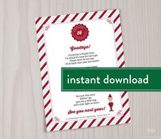 an instant christmas gift card with the words instant holiday printable on it, next to a red and white striped envelope