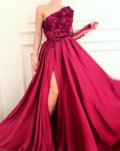 Gown - Teuta Matoshi Duriqi Evening Dresses Uk, Split Prom Dresses, One Shoulder Prom Dress, Burgundy Prom Dress, Affordable Dresses, Lace Neckline, Pleated Fabric, Linnet, Stretch Satin