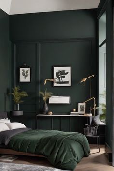 a bedroom with dark green walls and white bedding in the corner, along with two plants