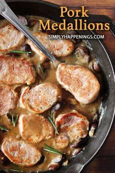 pork medallions with mushroom sauce in a skillet