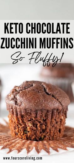 keto chocolate zucchini muffins on a plate with text overlay