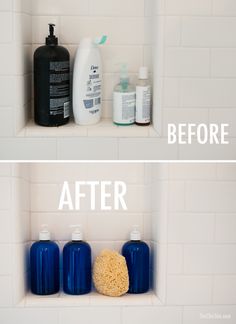 two shelves with soaps, shampoo and lotion bottles on top of them