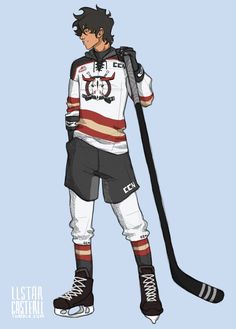 an anime character holding a hockey stick and wearing a jersey with the canadian flag on it