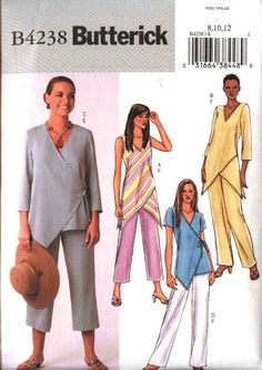 a women's top and pants sewing pattern from butterick, with one woman wearing a hat